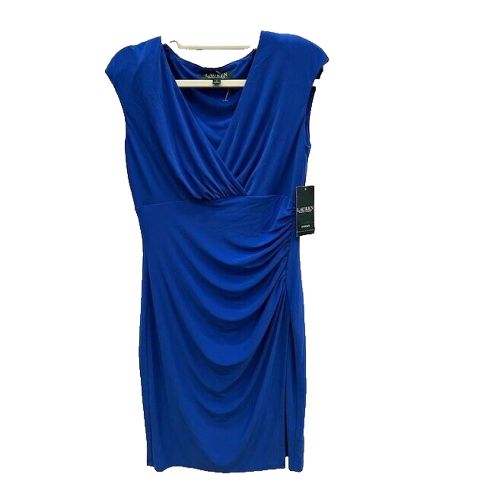 NWT Lauren Ralph Lauren Womens Dress Midi Faux Wrap Ruched Side Slit Blue Size 4